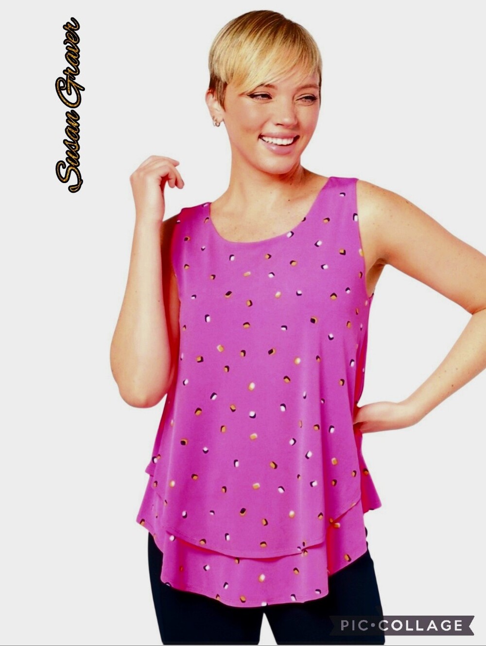 Susan Graver sleeveless blouse hot pink confetti print lower tiered holds shape